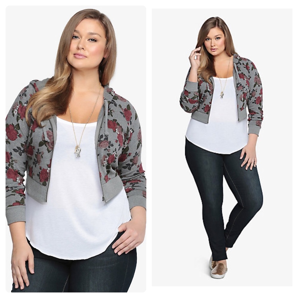 Torrid floral print cropped hoodie red and gray